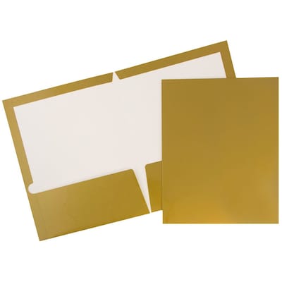 JAM Paper® Laminated Two-Pocket Glossy Presentation Folders, Gold, Bulk 50/Box (385GGOC)