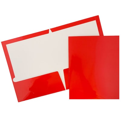 JAM Paper® Laminated Two-Pocket Glossy Presentation Folders, Red, Bulk 50/Box (385GREC)