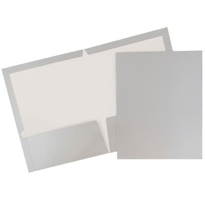 JAM Paper® Laminated Two-Pocket Glossy Presentation Folders, Silver, 25/Pack (385GSID)