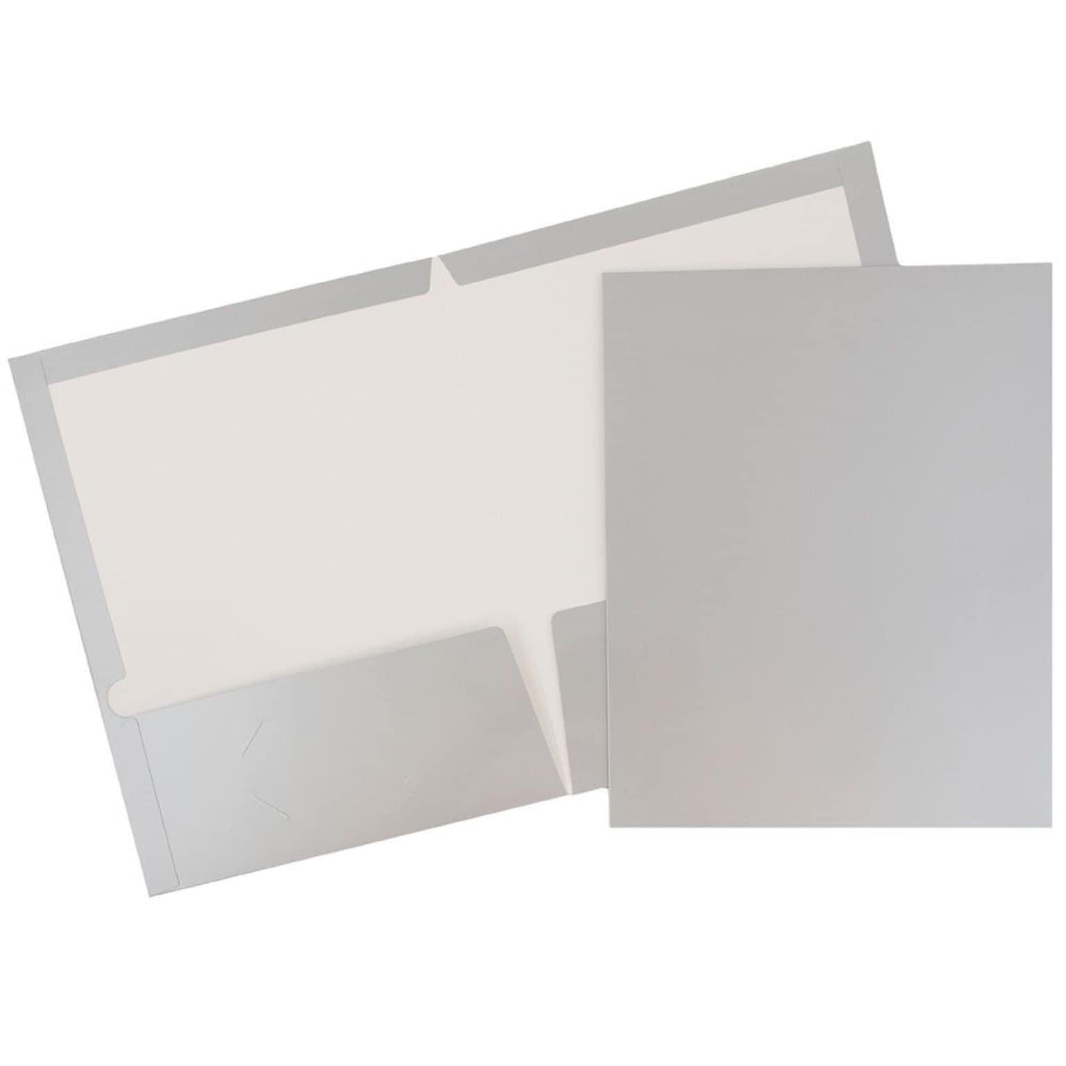 JAM Paper® Laminated Two-Pocket Glossy Presentation Folders, Silver, Bulk 50/Box (385GSIC)