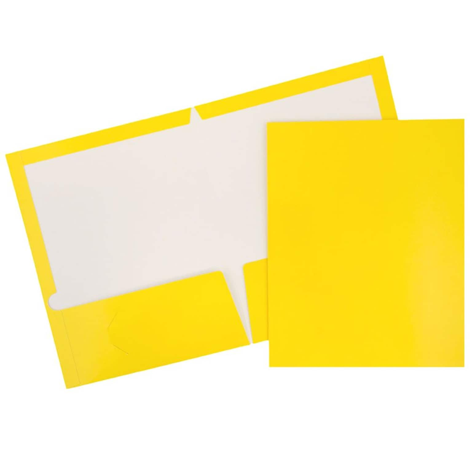 JAM Paper® Laminated Two-Pocket Glossy Presentation Folders, Yellow, Bulk 50/Box (385GYEC)