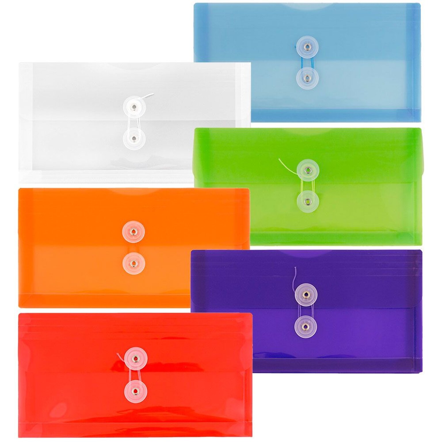 JAM Paper® #10 Plastic Envelopes with Button and String Tie Closure, 5.25 x 10, Assorted Colors, 6/pack (921B1ASSRTD)