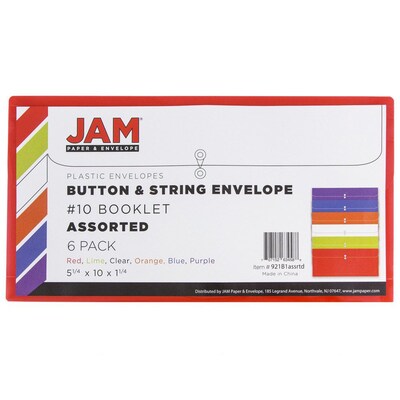 JAM Paper® #10 Plastic Envelopes with Button and String Tie Closure, 5.25 x 10, Assorted Colors, 6/p