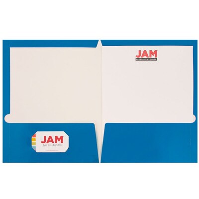 JAM Paper® Laminated Two-Pocket Glossy Presentation Folders, Blue, Bulk 50/Box (385GBUC)