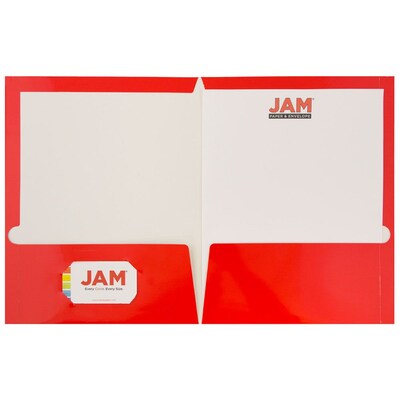 JAM Paper® Laminated Two-Pocket Glossy Presentation Folders, Red, Bulk 50/Box (385GREC)