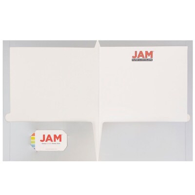 JAM Paper® Laminated Two-Pocket Glossy Presentation Folders, Silver, Bulk 50/Box (385GSIC)