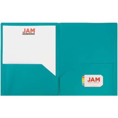JAM Paper POP Two-Pocket Plastic Folders, Teal, 6/Pack (382Eted)