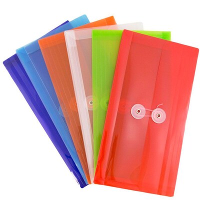 JAM Paper® #10 Plastic Envelopes with Button and String Tie Closure, 5.25 x 10, Assorted Colors, 6/pack (921B1ASSRTD)