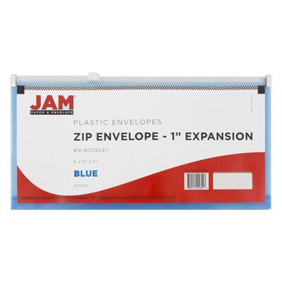 JAM Paper® #10 Plastic Envelopes with Zip Closure, 5 x 10, Blue Poly, 12/pack (921Z1BU)