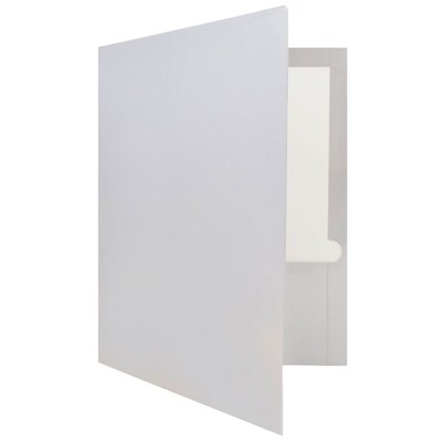 JAM Paper® Laminated Two-Pocket Glossy Presentation Folders, Silver, Bulk 50/Box (385GSIC)