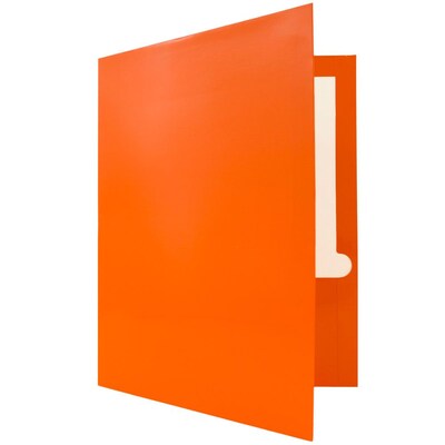 JAM Paper Laminated Two-Pocket Glossy Presentation Folders, Orange, 50/Box (385GORC)