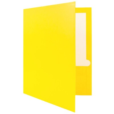 JAM Paper® Laminated Two-Pocket Glossy Presentation Folders, Yellow, Bulk 50/Box (385GYEC)