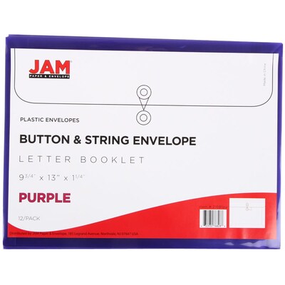 JAM Paper® Plastic Envelopes with Button and String Tie Closure, Letter Booklet, 9.75 x 13, Purple, 12/Pack (218B1PU)