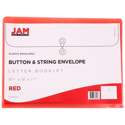 JAM Paper® Plastic Envelopes with Button and String Tie Closure, Letter Booklet, 9.75 x 13, Red Poly, 12/pack (218B1RE)