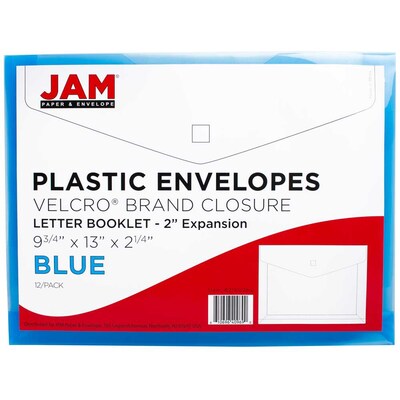 JAM Paper® Plastic Envelopes with Hook & Loop Closure, 2" Expansion, Letter Booklet, 9.75" x 13", Blue Poly, 12/pack (218V2BU)