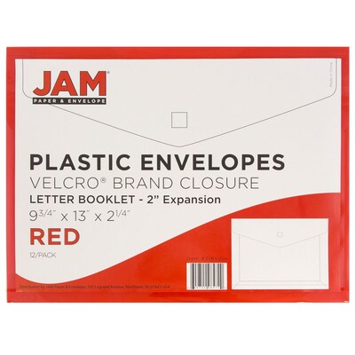 JAM Paper® Plastic Envelopes with Hook & Loop Closure, 2" Expansion, Letter Booklet, 9.75" x 13", Red Poly, 12/pack (218V2RE)