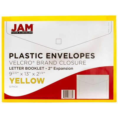 JAM Paper® Plastic Envelopes with Hook & Loop Closure, 2" Expansion, Letter Booklet, 9.75" x 13", Yellow Poly, 12/pack (218V2YE)