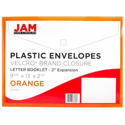 JAM Paper® Plastic Envelopes with Hook & Loop Closure, 9.75 x 13 with 2 Inch Expansion, Orange, 12/Pack (218V2OR)