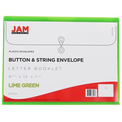 JAM Paper® Plastic Envelopes with Button and String Tie Closure, Letter Booklet, 9.75 x 13, Lime Green Poly, 12/pack (218B1LI)