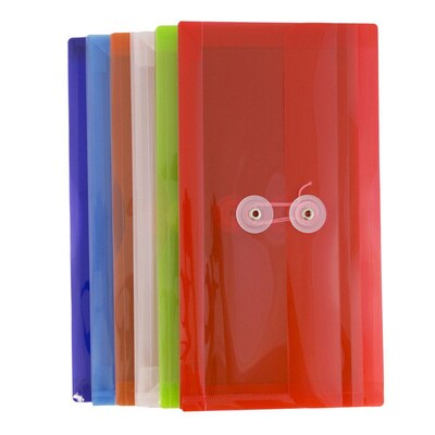 Jam Paper Plastic Envelopes with Button & String Tie Closure - 6 1/4 x 9 1/4 - Assorted Colors - 6/Pack