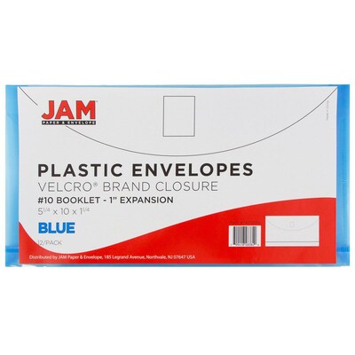 JAM Paper® #10 Plastic Envelopes with Hook & Loop Closure, 1" Expansion, 5.25" x 10", Blue Poly, 12/pack (921V1BU)