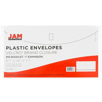 JAM Paper® #10 Plastic Envelopes with Hook & Loop Closure, 1" Expansion, 5.25" x 10", Clear Poly, 12/pack (921V1CL)