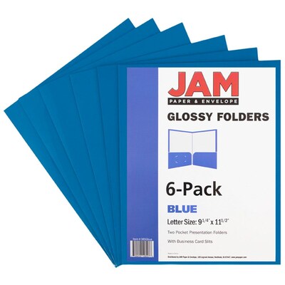 JAM Paper Glossy 2-Pocket Portfolio Folder, Blue, 6/Pack (385Gbua)