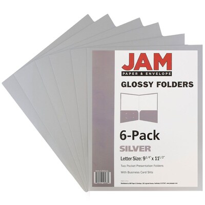 JAM Paper Glossy 2-Pocket Portfolio Folder, Silver, 6/Pack (385Gsia)