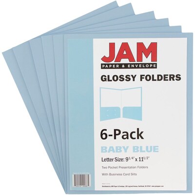 JAM Paper® Laminated Two-Pocket Glossy Presentation Folders, Baby Blue, 6/Pack (31225346U)