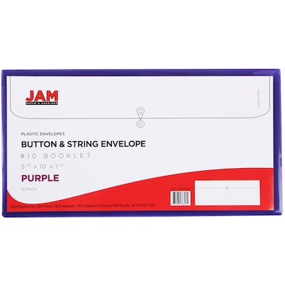 JAM Paper® Plastic Envelopes with Button and String Tie Closure, #10 Business Booklet, 5.25 x 10, Purple, 12/Pack (921B1PU)