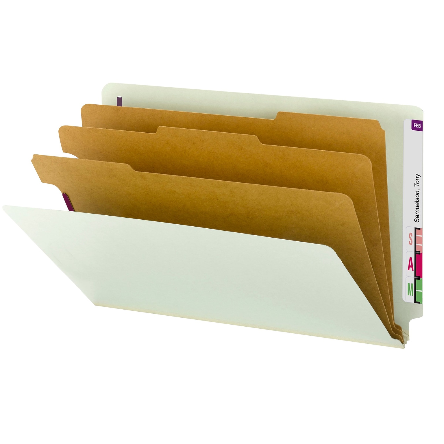 Smead EndTab Pressboard Classification Folder w/SafeSHIELD Fasteners, 3 Divider, 3 Expansion, Legal, Gray/Green, 10/Box