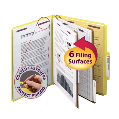 Smead Pressboard Classification Folders with SafeSHIELD Fasteners, 2" Expansion, Letter Size, 2 Dividers, Yellow, 10/Box (14034)