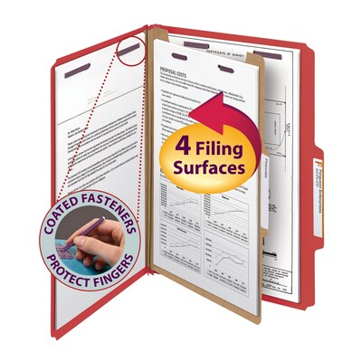 Smead Pressboard Classification Folders with SafeSHIELD Fasteners, Legal Size, 1 Divider, Bright Red, 10/Box (18731)