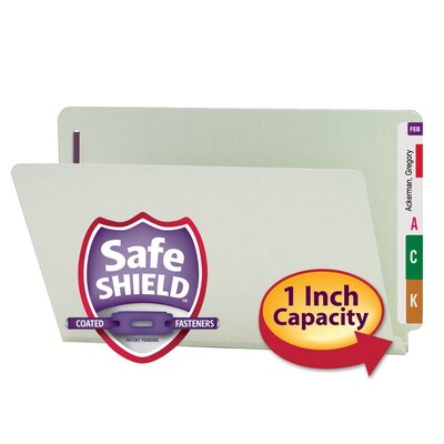 Smead End-Tab Pressboard Fastener File Folder with SafeSHIELD Fastener, Legal Size, Gray/Green, 25/Box (37705)