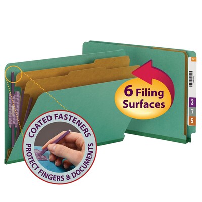 Smead End Tab Pressboard Classification Folders with SafeSHIELD Fasteners, Legal Size, Green, 10/Box (29785)