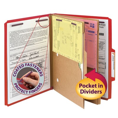 Smead Classification Folders with SafeSHIELD Fasteners, 2" Expansion, Letter Size, 2 Dividers, Bright Red, 10/Box (14082)