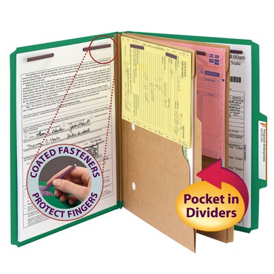 Smead Pressboard Classification Folders with SafeSHIELD Fasteners, 2" Expansion, Letter Size, 2 Dividers, Green, 10/Box (14083)