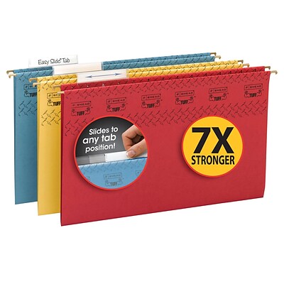 Smead TUFF Hanging File Folder,Easy Slide Tab, 1/3-Cut Adjustable Plastic Tabs, Legal, Assorted Colors, 15/Box (64140)