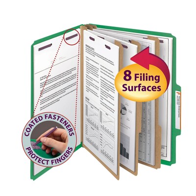 Smead Pressboard Classification Folders with SafeSHIELD Fasteners, 3" Expansion, Letter Size, 3 Dividers, Green, 10/Box (14097)