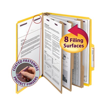 Smead Pressboard Classification Folders with SafeSHIELD Fasteners, 3" Expansion, Letter Size, 3 Dividers, Yellow, 10/Box (14098)
