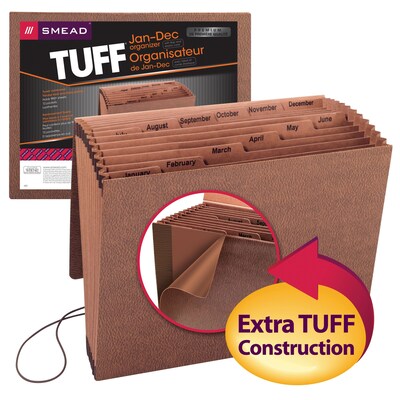 Smead® TUFF Expanding File, Monthly (Jan.-Dec.), 12 Pockets, Flap & Elastic Cord Closure, Letter, Redrope Stock (70388)