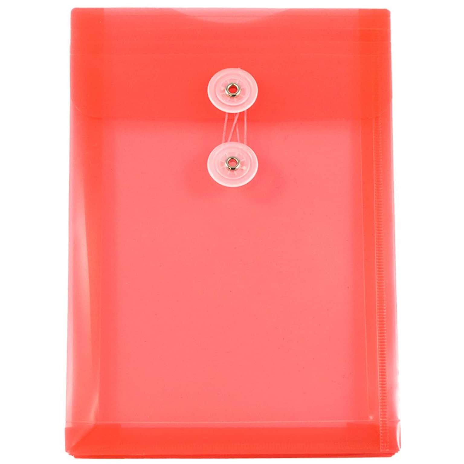 JAM Paper® Plastic Envelopes with Button and String Tie Closure, Open End, 6.25 x 9.25, Red Poly, 12/pack (472B1RE)