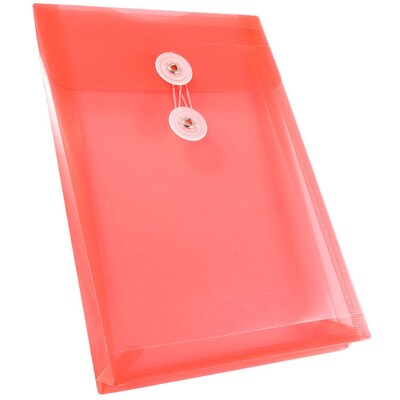 JAM Paper® Plastic Envelopes with Button and String Tie Closure, Open End, 6.25 x 9.25, Red Poly, 12