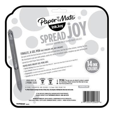 Paper Mate InkJoy Retractable Gel Pens, Fine Point, Assorted Ink, 14/Pack (1988991)