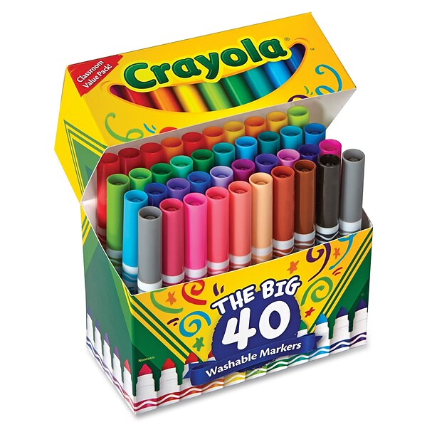 Crayola The Big 40 Washable Markers, Conical Tip, Assorted Ink, 40