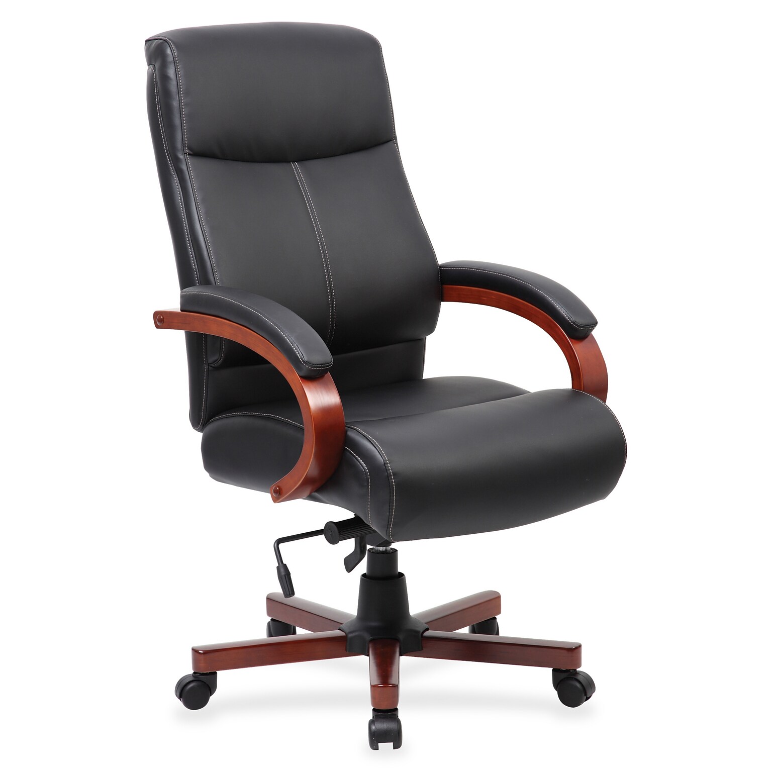 Lorell Ergonomic Leather Wood Swivel Executive High-Back Chair, Black (LLR69531)