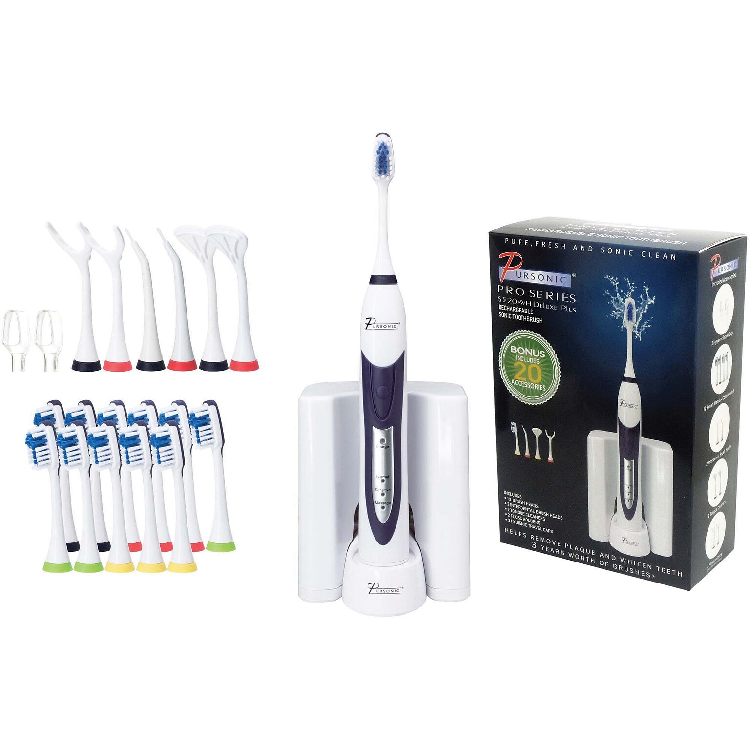 Pursonic® S520 Rechargeable Sonic Toothbrush with 12 Brush Heads, White (S520WH)