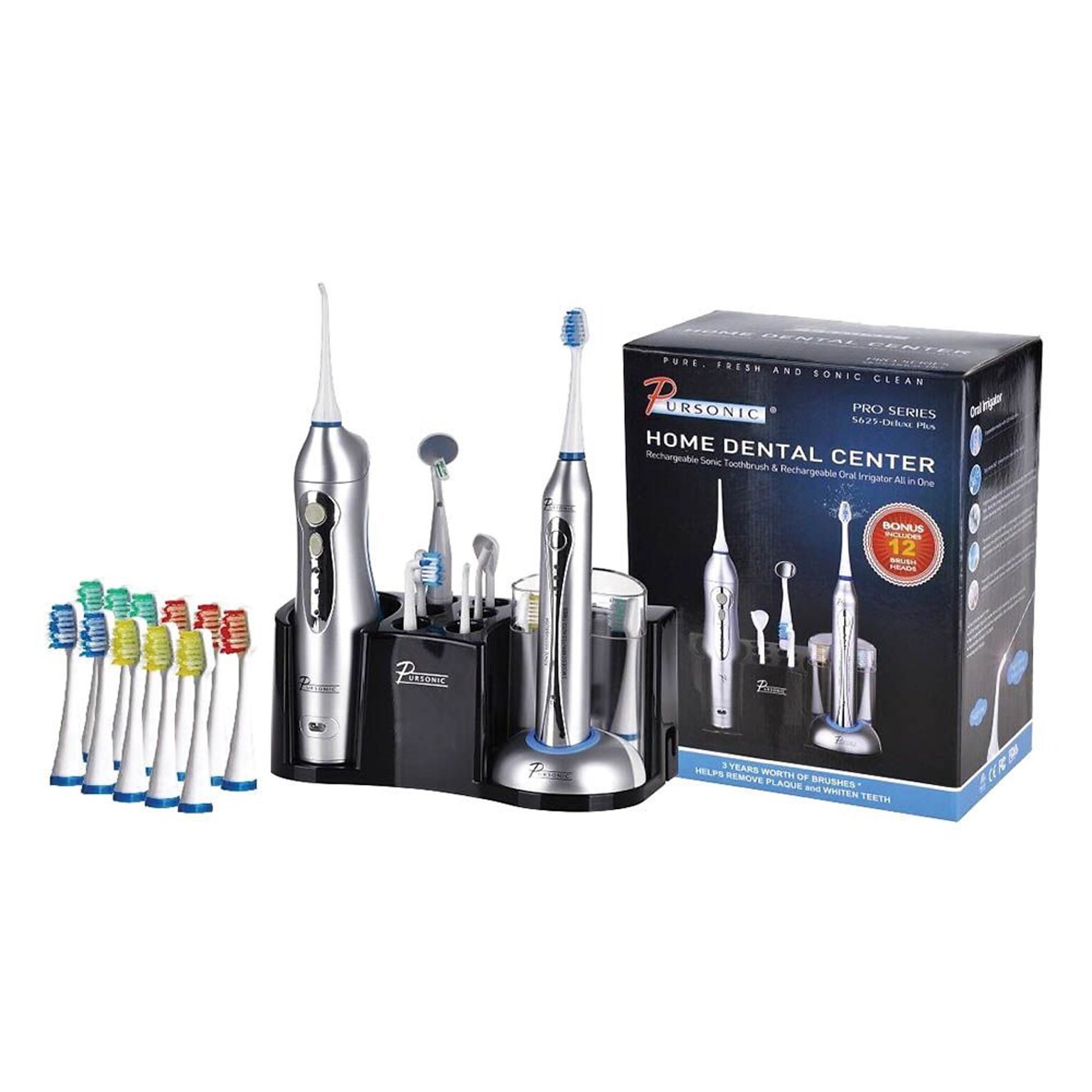 Pursonic® S625 Rechargeable Sonic Toothbrush and Rechargeable Water Flosser with 12 Brush Heads, Silver (S625)