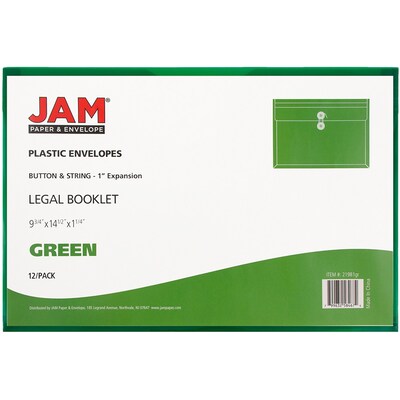 JAM Paper® Plastic Envelopes with Button and String Tie Closure, Legal Booklet, 9.75 x 14.5, Green Poly, 12/pack (219B1GR)