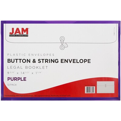 JAM Paper® Plastic Envelopes with Button and String Tie Closure, Legal Booklet, 9.75 x 14.5, Purple Poly, 12/pack (219B1PU)